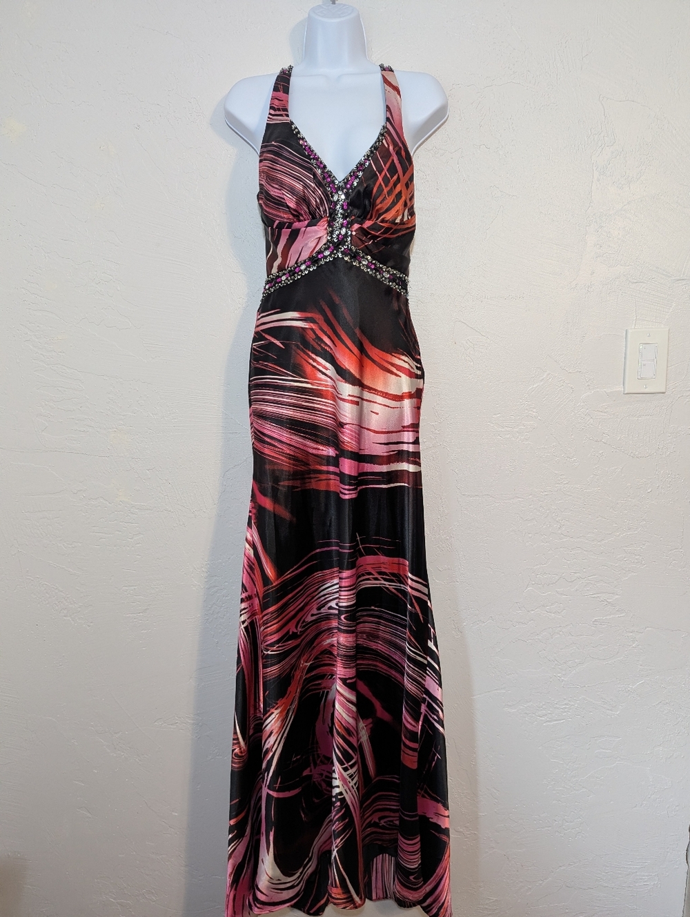 Y2K Pink & Black Babydoll Halter Embellished Event Prom Maxi Dress Glam Party